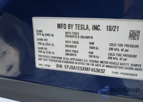 2021 Tesla Model S Long Range Dual Motor All-Wheel Drive from USA, damaged, VIN 5YJSA1E5XMF453632